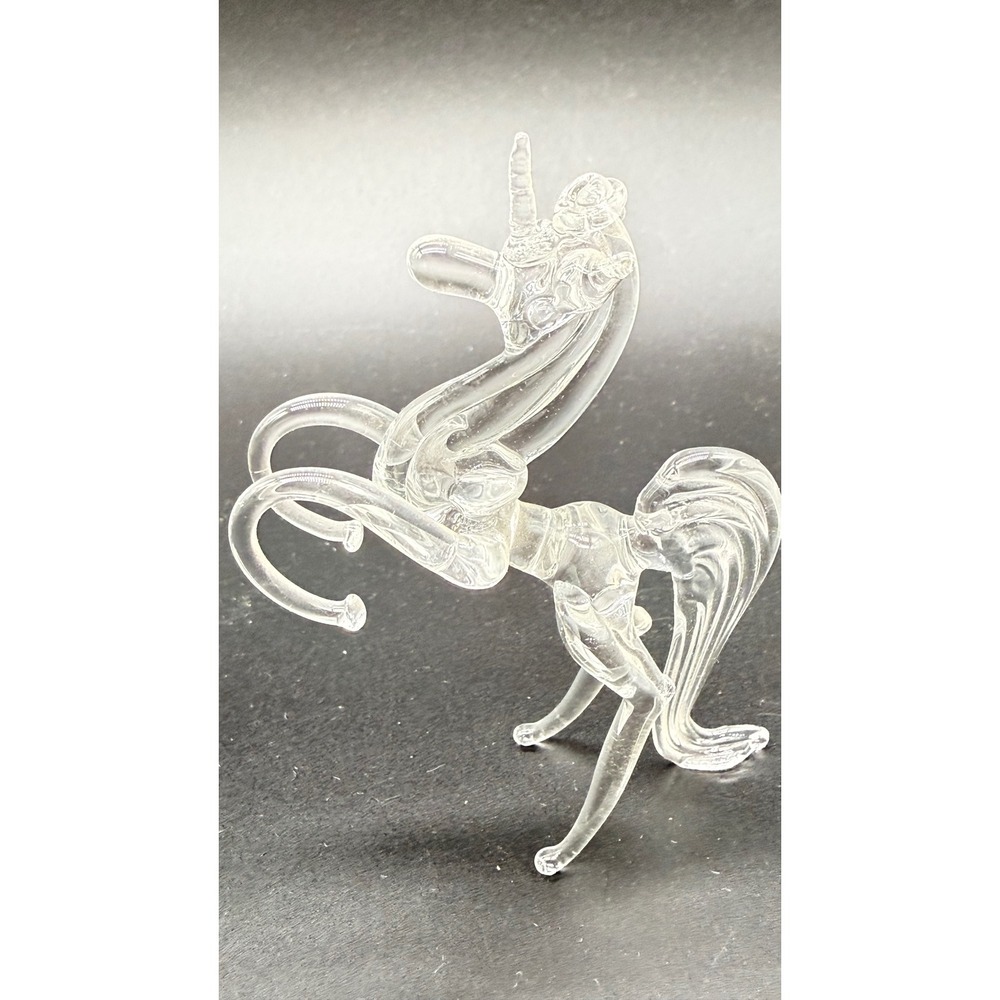 Vintage Hand Blown Clear Glass Rearing Unicorn Figurine Art Glass Sculpture